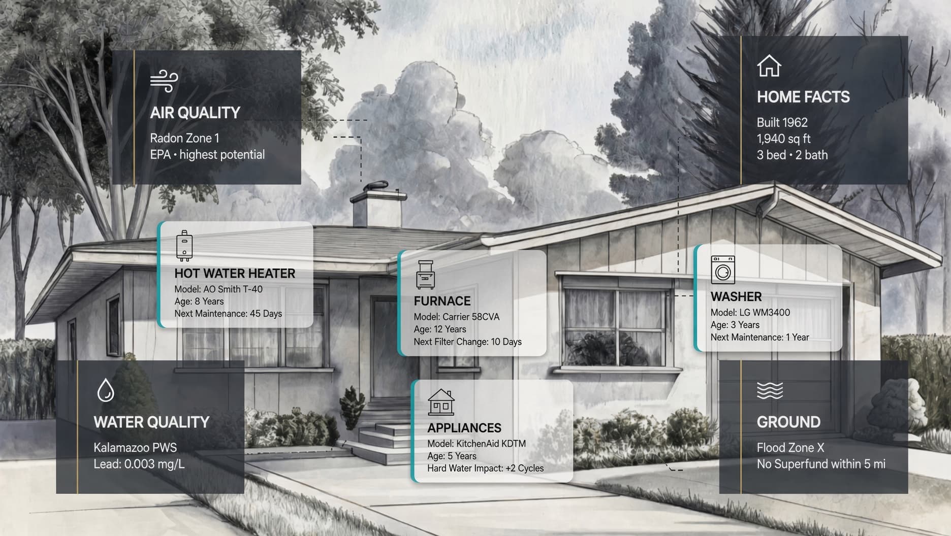 An illustrated house overlaid with Hearth callout cards: home facts, air and water quality, ground risk, and the furnace, water heater, washer, and dishwasher with model, age, and next maintenance